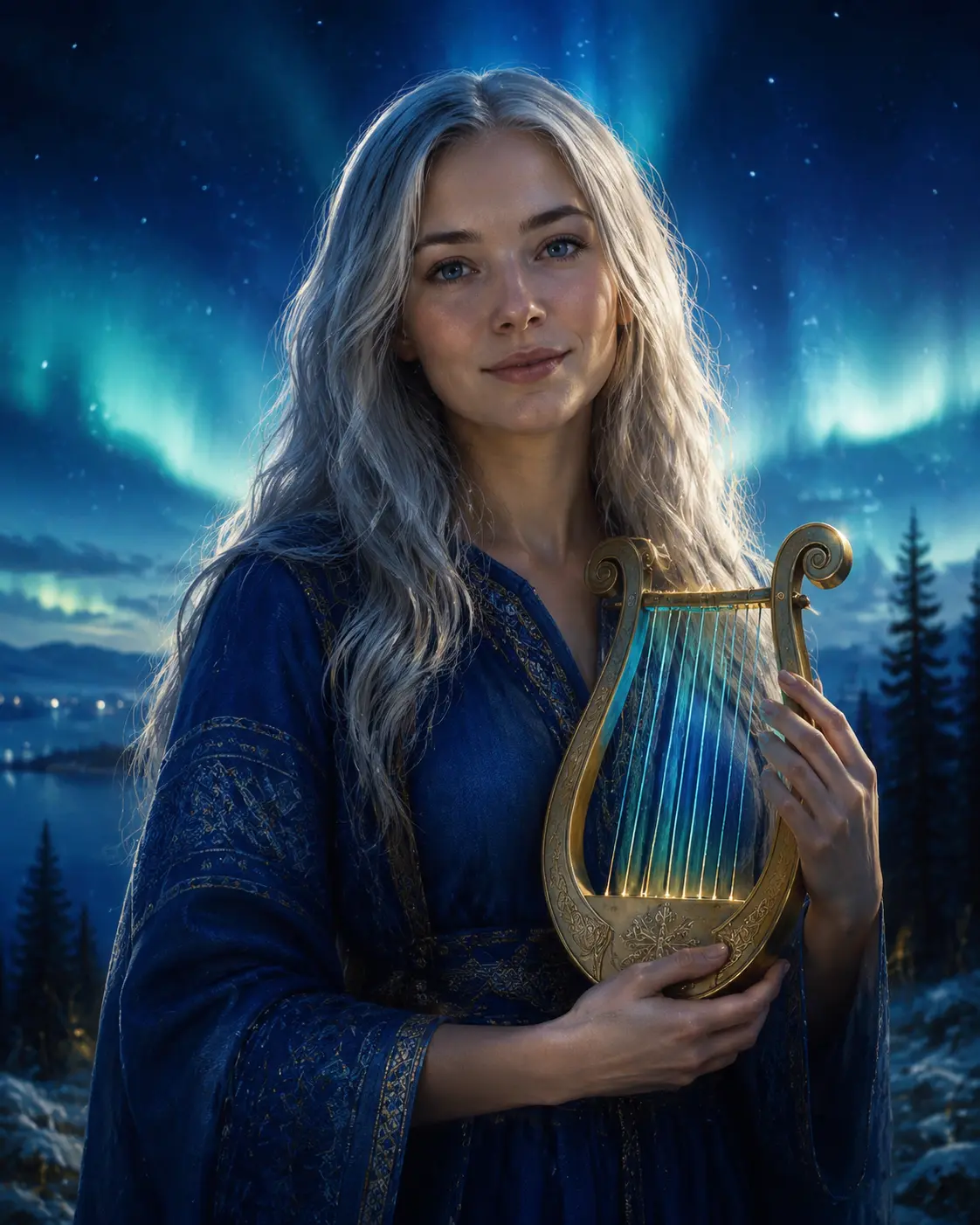 Hexelyra med silverhår, blå klädsel och gyllene lyra