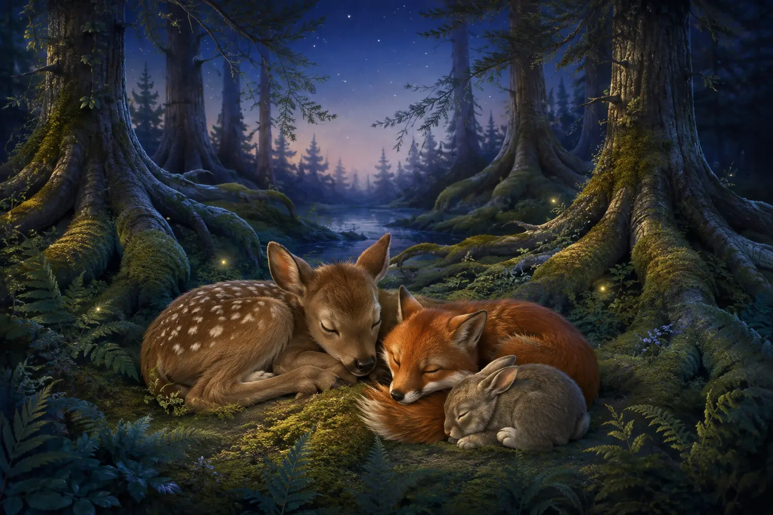 Ett rådjurskid, en räv och en kanin sover tillsammans på mjuk mossa i en stilla nattskog.