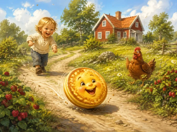 En glad gyllene pannkaka rullar längs en solig landsväg medan ett barn och en höna följer efter.