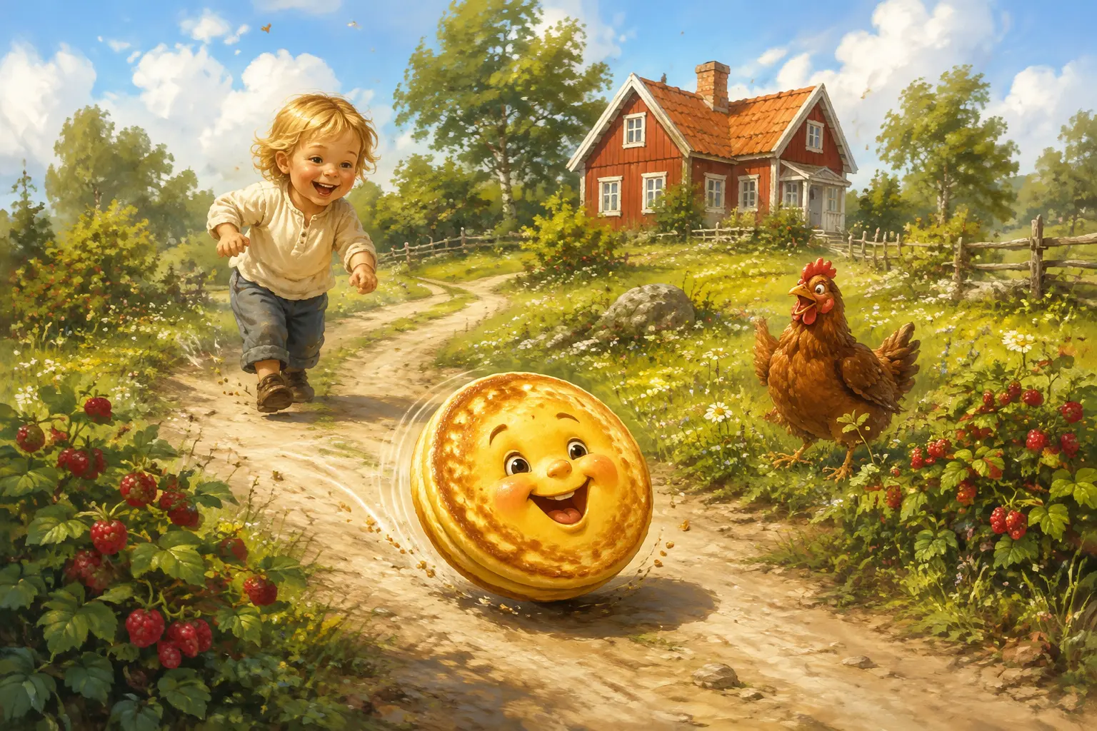 En glad gyllene pannkaka rullar längs en solig landsväg medan ett barn och en höna följer efter.